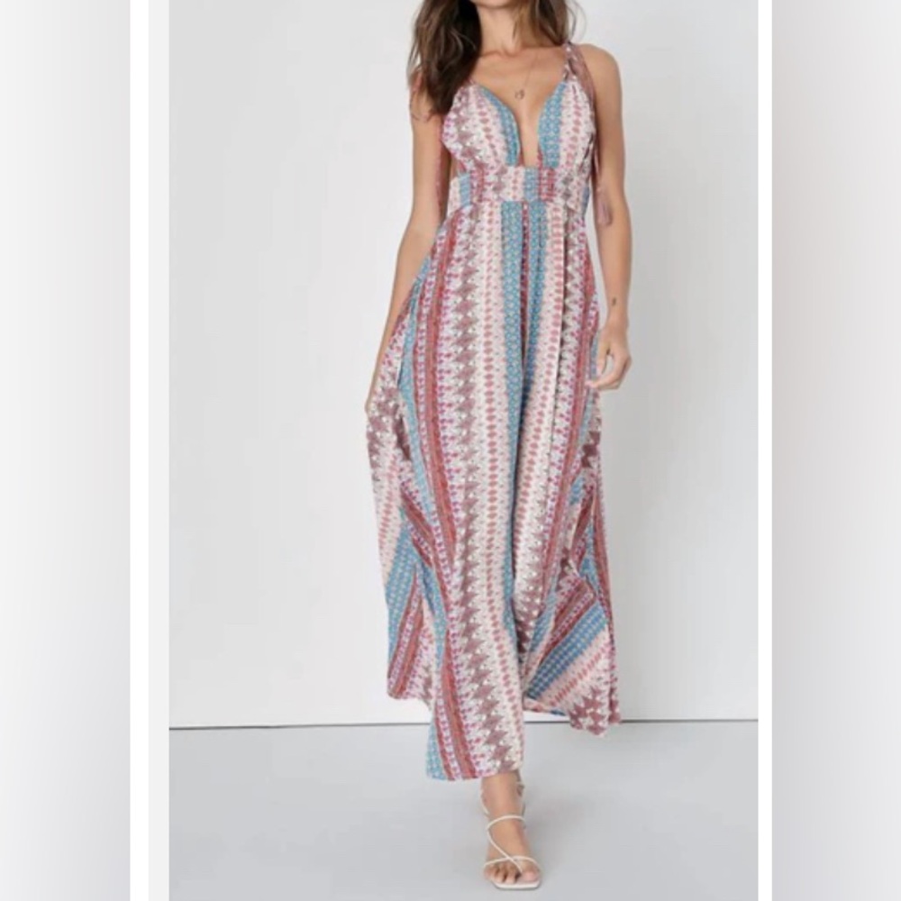 Lulu's Maxin Relaxin Blue Multi Print Sleeveless babydoll Tie-Strap Maxi Dress